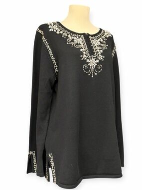 Quacker Factory Black Rhinestone Pearl Beaded Tunic Sweater Medium